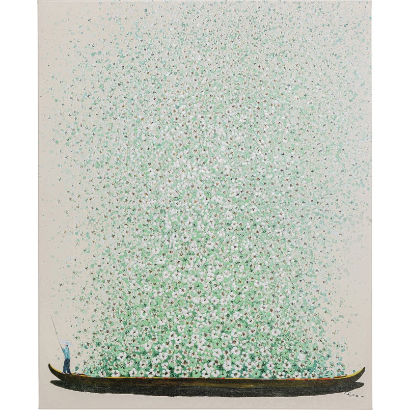 Tableau Touched fleurs pirogue beige et vert 80x100cm Kare Design