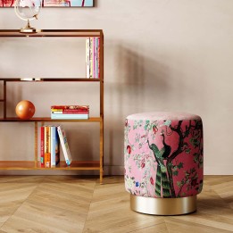 Pink velvet stool with peacock and flower motifs - Cherry - Kare Design