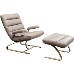 Leather and gold-plated steel armchair and footrest - Novel - Kare Design