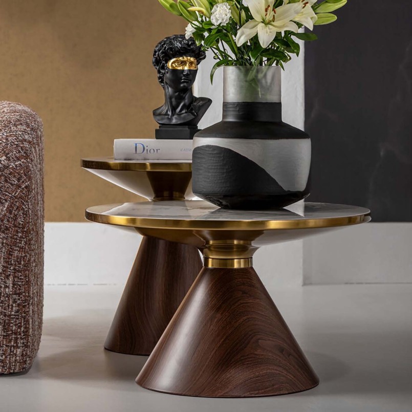Round coffee table in white stoneware and wood effect - Cono - Kare Design