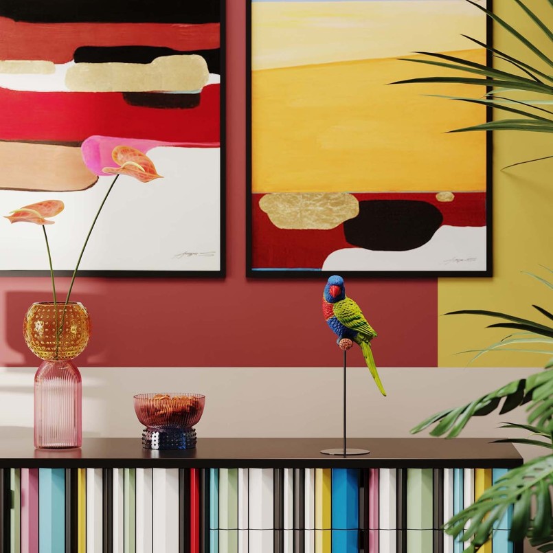 Déco perroquet vert, bleu et orange sur une branche - Kare Design