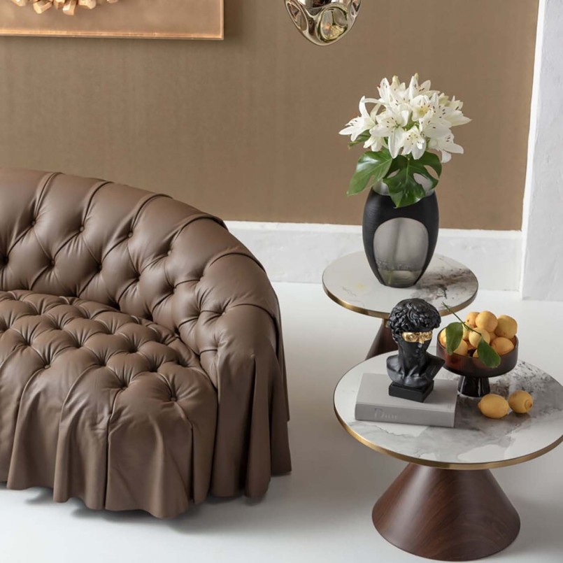 Round coffee table in white stoneware and wood effect - Cono - Kare Design