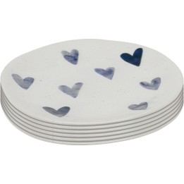 Witte borden met blauwe hartjes van steengoed, set van 6 - Cuori - Kare Design
