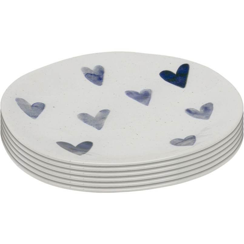 White plates with blue hearts in stoneware set of 6 - Cuori - Kare Design