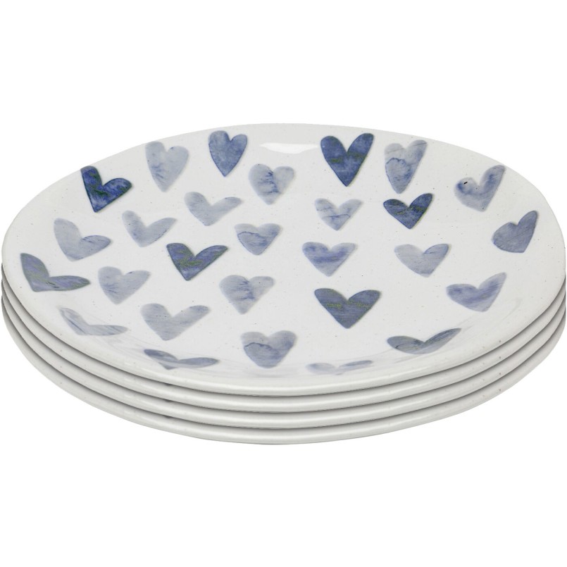 White plates with blue hearts in stoneware set of 4 - Cuori - Kare Design