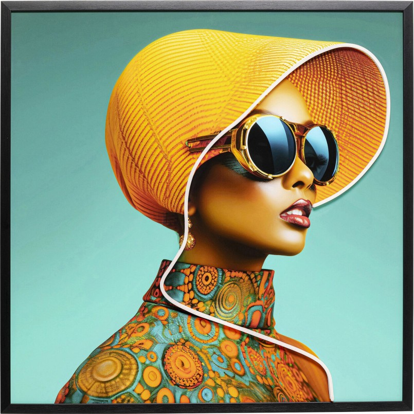 Tableau encadré Sun Hat Woman jaune LED 80x80cm