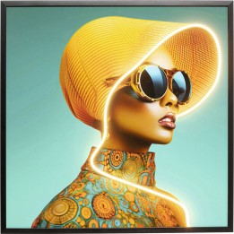 Tableau encadré Sun Hat Woman jaune LED 80x80cm