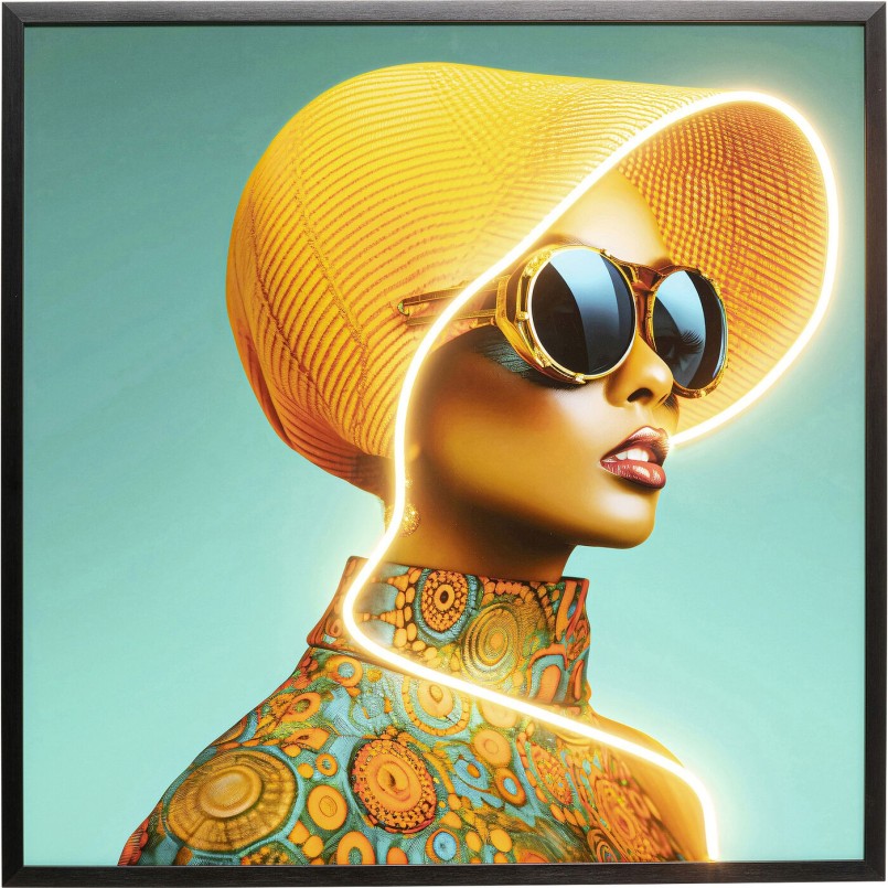 Tableau encadré Sun Hat Woman jaune LED 80x80cm