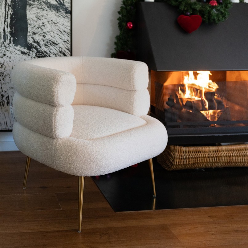 Fauteuil rétro en tissu crème bouclé et acier doré - Livelli - Kare Design