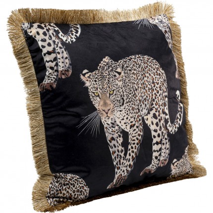 Coussin à franges noir léopard Kare Design