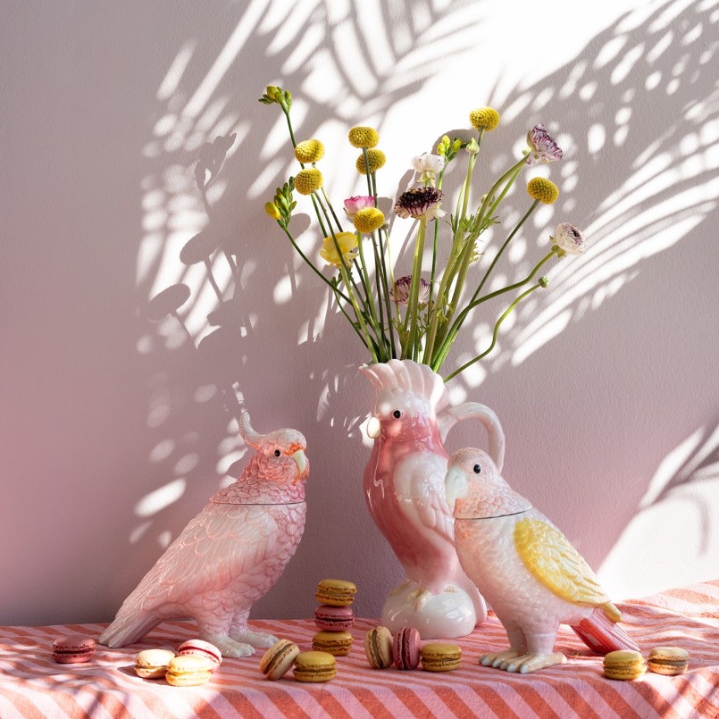 Witte en roze keramische kaketoe karaf - Kare Design