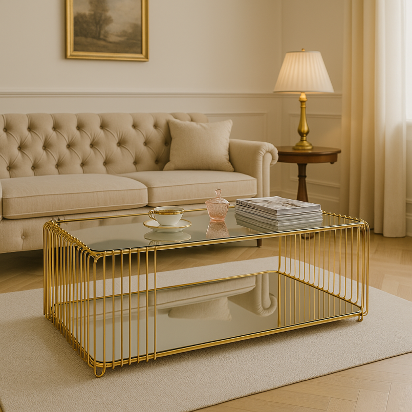 Table basse en acier doré et verre miroir - Wire Double - Kare Design