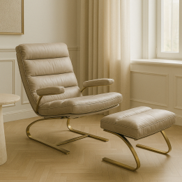 Fauteuil en voetensteun van leer en verguld staal - Novel - Kare Design