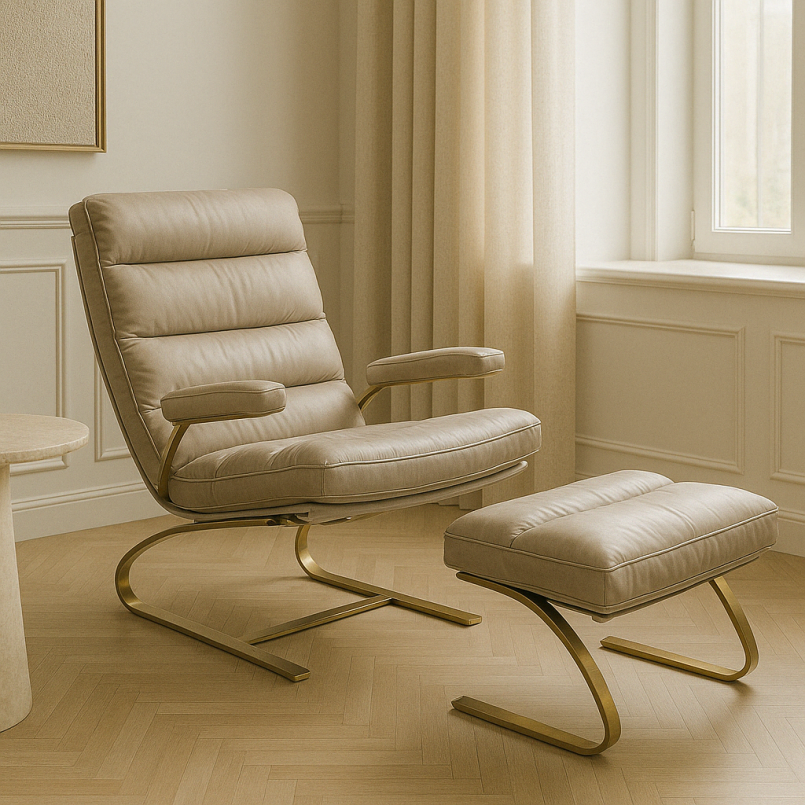 Fauteuil en voetensteun van leer en verguld staal - Novel - Kare Design