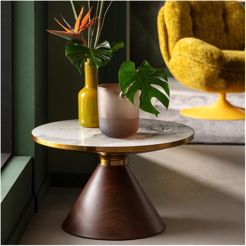 Round coffee table in white stoneware and wood effect - Cono - Kare Design