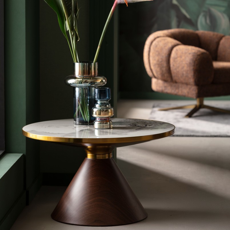 Round coffee table in white stoneware and wood effect - Cono - Kare Design