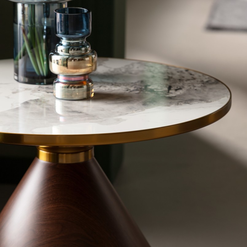 Round coffee table in white stoneware and wood effect - Cono - Kare Design