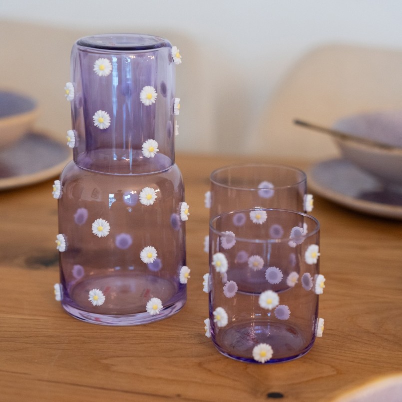 Paarse waterglazen met reliëfbloemen - Partybloemen - Kare Design