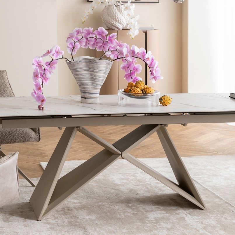 Table à rallonges en grès blanc et acier taupe - Nelly - Kare Design