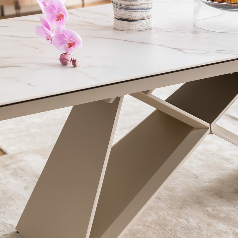 Table à rallonges en grès blanc et acier taupe - Nelly - Kare Design