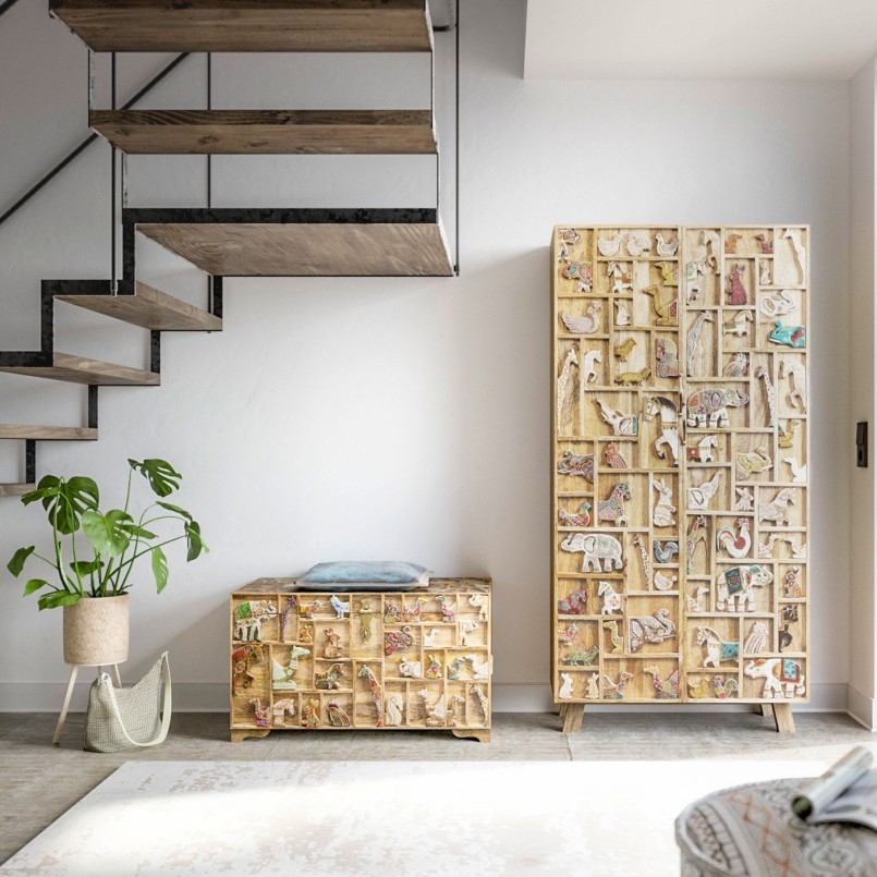 Houten kist met uitgesneden dierenmotieven - Dierentuin - Kare Design