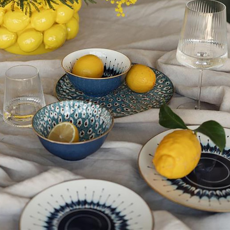 Assiettes plates en porcelaine blanche et bleue - Dalia - Kare Design