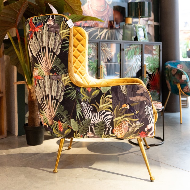 Ochre velvet armchair with jungle prints - Nona - Kare Design