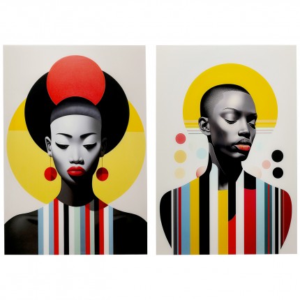 Glass Picture retro women red and yellow (2/Set) Kare Design