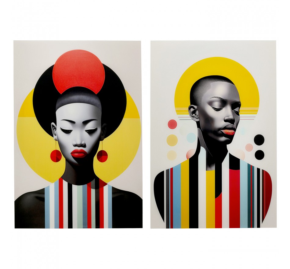 Tableaux en verre femmes rétro jaune et rouge set de 2 Kare Design