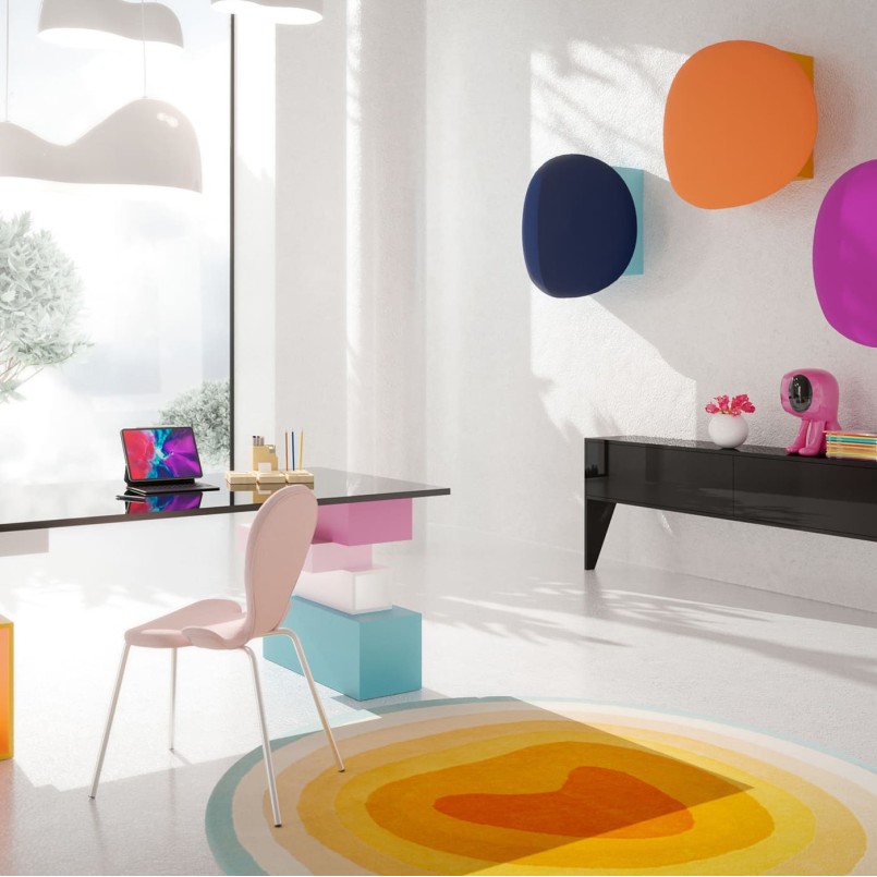 Tapis rond dégradé orange, jaune et bleu - Aura - Kare Design