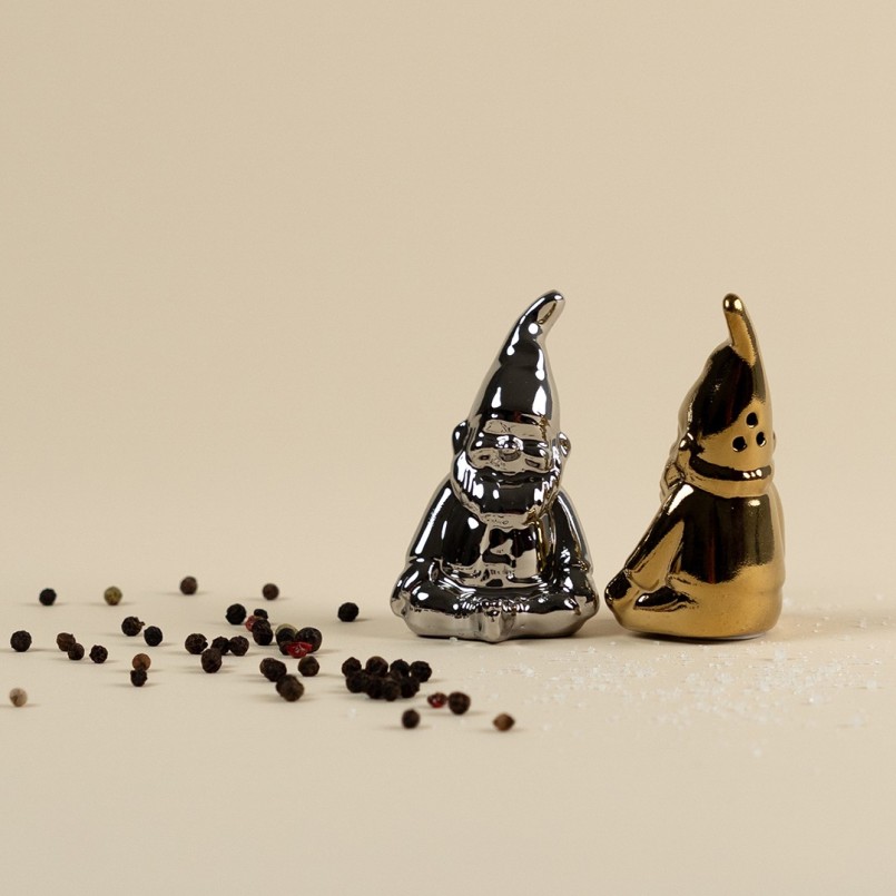 Salière et poivrière en porcelaine nains argenté et doré - Kare Design