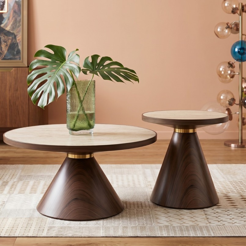 Table basse ronde en grès et noyer - Cono Travertino - Kare Design