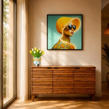 Tableau LED femme chapeau jaune 80x80cm Kare Design