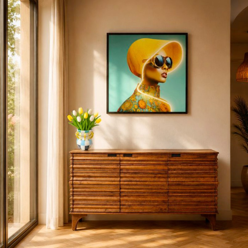 Framed Picture LED yellow hat woman 80x80cm Kare Design